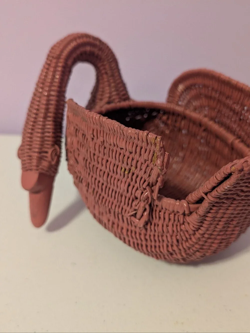 Pink Vintage Wicker Rattan Woven Duck/Goose/Swan Basket Cottagecore Grannycore